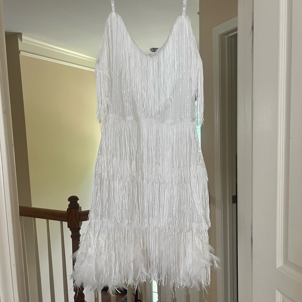 White Fringe Mini Dress with Feather Hem